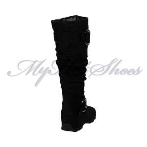 SODA WOMENS SHOES FLAT BOOTS KNEE HIGH BUCKLE BOOTS BLACK BROWN GREY 