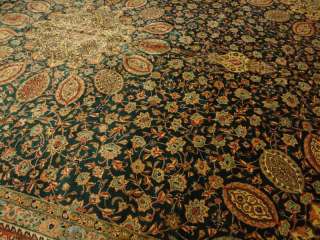   Handmade Tabriz Shaykh Safi Ardabil Carpet Emerald Green Rug 11x16