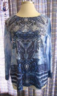 Womens B.L.E.U. Blue Floral Knit Top ~ Silver & Black Studded ~ NWT L 