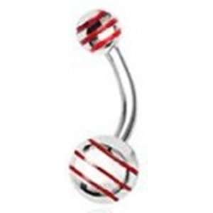    Surgical Steel Belly Button Ring with Red Stripes 
