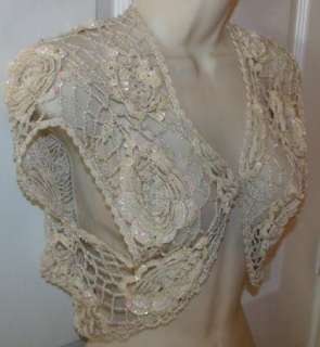 vintage 80s Crochet w/ Glass Beads & Sequins sheer shrug jacket vest 