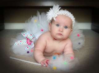 White Pom Pom Tutu Skirt for Baby or Toddler with Ribbon and Flower