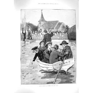  1895 RIVER FLOODS SUNDAY CHURCH BOAT RIVER OLD PRINT