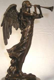 FEMALE ANGEL WITH TRUMPET BRONZE SCULPTURE STATUE  