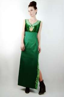 Vtg 60s Emerald VELVET Silk Embroidered GODDESS Fitted EVENING Maxi 