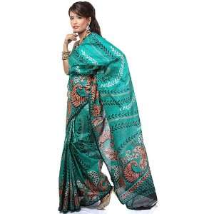    Green Block Printed Sari from Kolkata   Pure Silk 