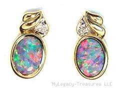   opal + diamond 14K gold post earrings floral Australian rare  