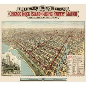  Antique Birds Eye View Map of Chicago Showing Elevated Train Lines 