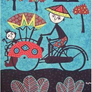  Teal Becak Bicycle Indonesian Hand Dyed Batik Fabric Panel 