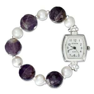   Silver Amethyst and Freshwater Pearl Watch with Stretch Band Jewelry