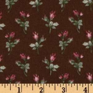  43 Wide Flannel Rose Flower Toss Green/Pink/Brown Fabric 