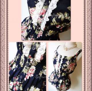   Floral Vintage Style Lace Trim Smocked Button Down Blouse Top  