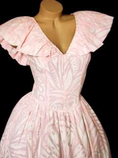 VTG 80s Pink Shells Print Ruffle Neck Cross Straps Summer Party Day 