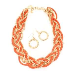  Gold and Orange Twisted Snake Skin Necklace and Earring 