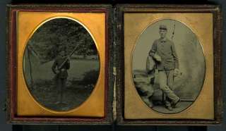 TWO INDIAN WAR SOLDIERS WITH GUN , RARE TINTYPES  