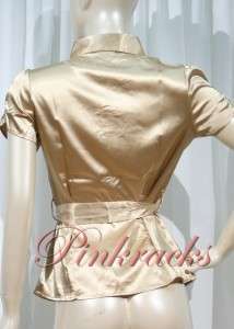 New Gold Button Up Short Sleeve Tied Satin Blouse  