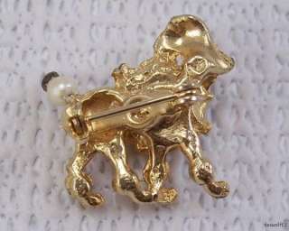 Vintage Figural Brooch Poodle Pin Faux Pearl Rhinestone eye Jewelry 