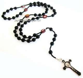 Black Glass Beaded Rosary Cross 28 Long Mens Necklace  