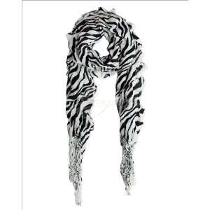  New Womens Black/ White Zebra Ruffle Long Scarf Shawl Wrap 