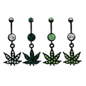 Clear Jeweled Marijuana Leaves with Matching Black Balls Dangle Belly 