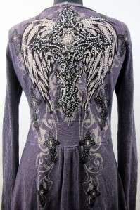 VOCAL Purple Womens Sweater Top Rhinestones Gothic Cross Wings Jacket 