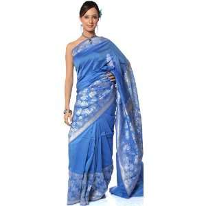   Blue Valkalam Banarasi Sari with Wide Floral Border   Pure Georgette