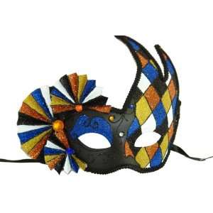  Harlequin Black And Blue Half Mask With Fans