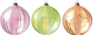 Set 3 Glass Ball Iridescent Striped Orange Green Pink Christmas 
