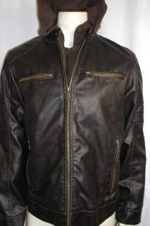   GUESS MENS FAUX BROWN LEATHER JACKET WITH JERSEY HOOD X LARGE  