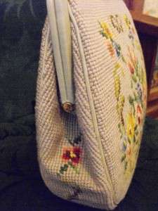Beige Vintage Needlepoint Tapestry Handbag Purse  