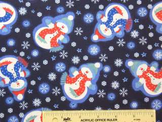 Snowmen Scarves Hats on Navy Blue Holiday Winter Cotton Fabric BTY (A2 