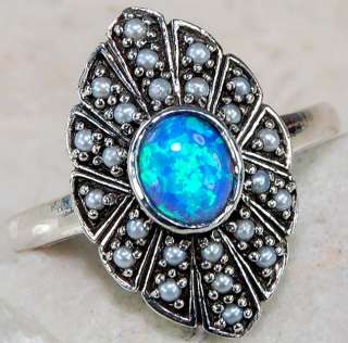 BLUE FIRE OPAL, SEED PEARL & 925 SOLID STERLING SILVER victorian style 
