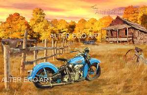 Ol Blue 11x17 Print Harley Davidson Knucklehead nostalgic biker art 