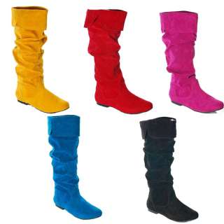   Neon Color Shoes Knee High Suede Flat Boots Red Black Blue  