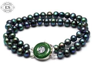   CULTURED WITH RARE PEACOCK GREEN BLUE PEARL BRACELET JADE CLASP 8 NR