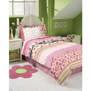 Pink, White & Lime Green Gingham Polka Dot Full Comforter Set (8 Piece 
