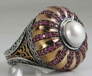 Deco 9mm South Sea Pearl & Ruby Enamel Rose Gold/Sterling 1.47ctw Ring 