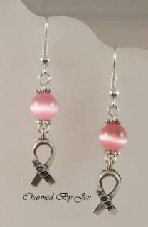 BREAST CANCER Awareness Cats Eye Earrings w/ Charms  