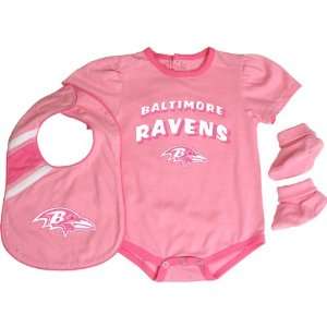   Ravens Newborn Girls Pink Creeper, Bib & Bootie Set
