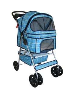 Blue Grid 4 Wheels Pet Dog Cat Stroller w/RainCover 814836010832 