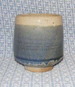   Pottery Studio Vase Cup Blue Gray Drip Glaze Marked East Aurora NY