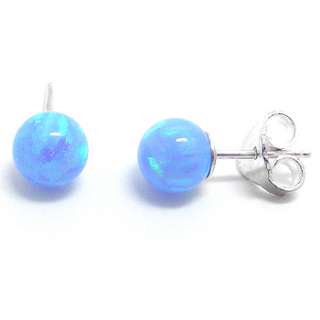 Blue round opal stud earrings 925 sterling silver 4mm  