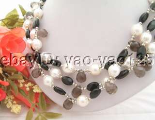 Amazing 3Strd White Pearl&Smoky Quartz&Agate Necklace  