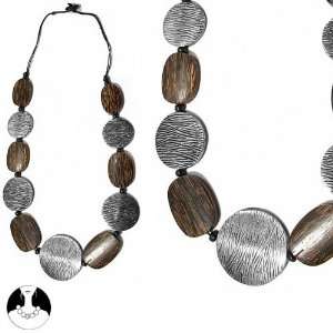  Metal Ant.Silver Wood Marron Combinaison Necklace Long Necklace Wood 