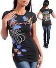 L31 S Twelve Butterfly Tattoo Print with Rhinestones Stretch Long 