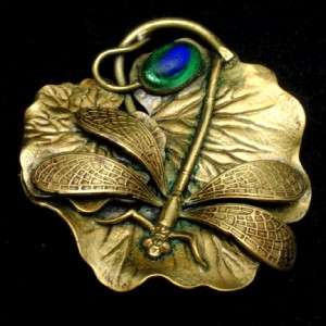   Art Nouveau Brooch Glass Peacock Eye Lily Pad Vintage Insect  
