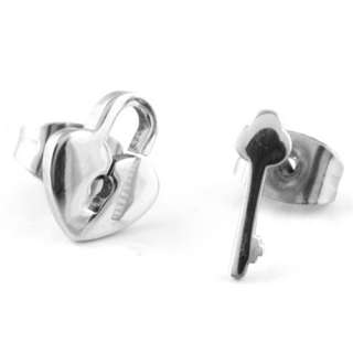 Pair of Stainless Steel Stud Earrings   Key and Hearth Shape Lock 