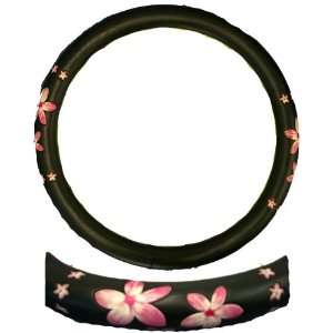  Steering Wheel Cover   Pink Rose White Hawaiian Floral 