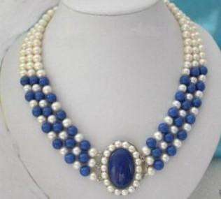 3Row 7 8mm Round White Pearls Blue Lapis Lazuli Necklac  
