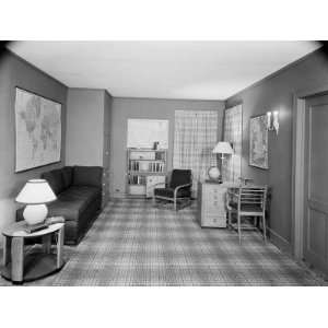 com Living Room Interior, Map on Wall, Globe on Desk, Plaid Carpeting 